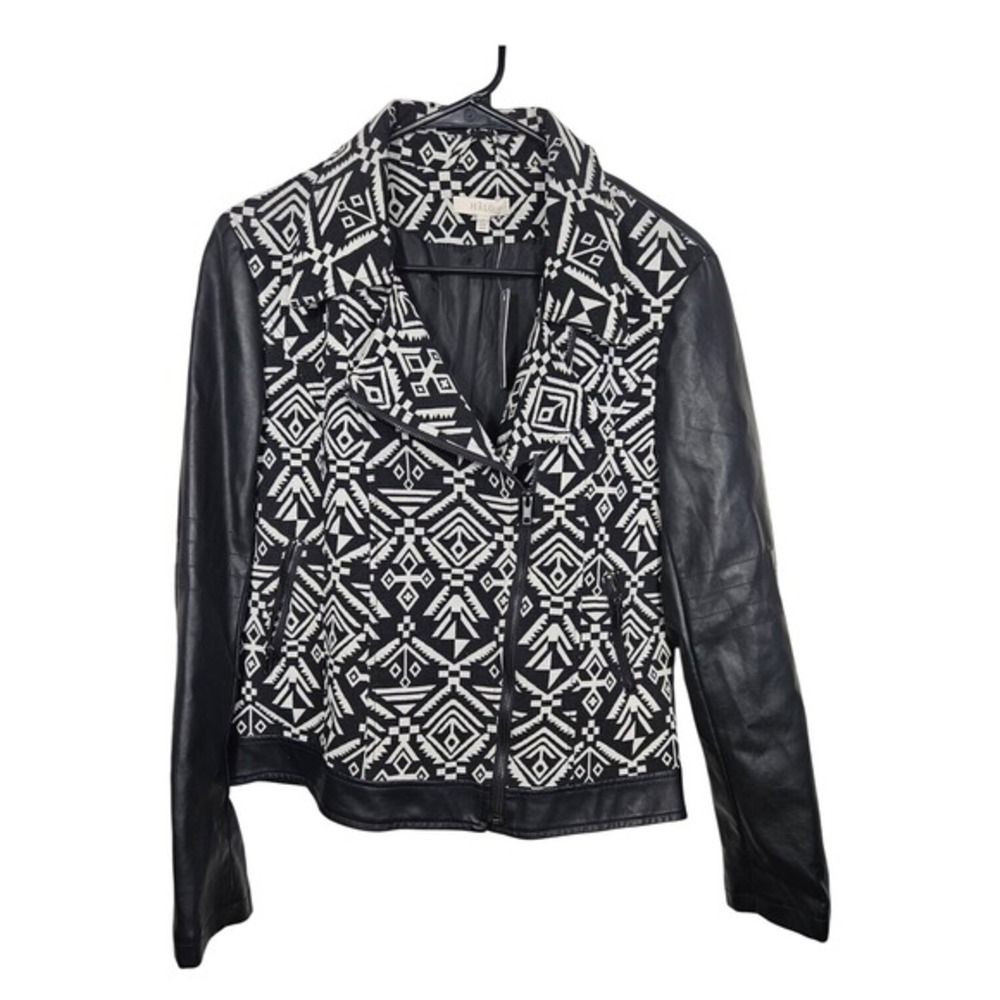 Halo Black‎ & White Geo Print Asymmetrical Zip Faux Leather Motor Jacket Medium